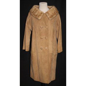 Women's Vintage Hudson Leather Co. Camel Tan Coat Suede W/ Fur 42" Bust 36" Long